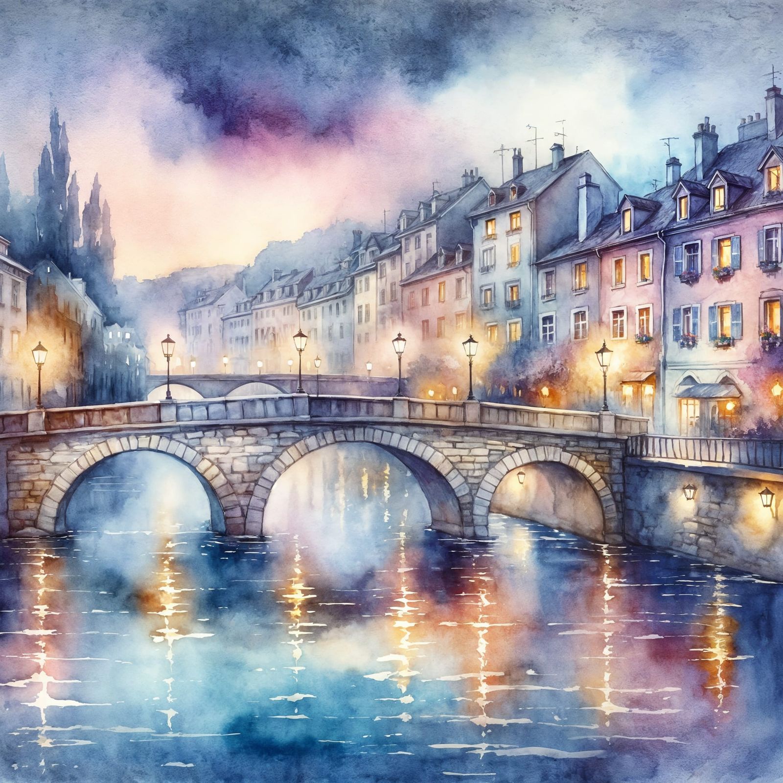 Dreamy Watercolor Twilight Over Stone Bridge