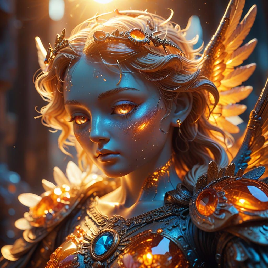 Angel Statue Awakens in Amber Crystal, Dreamlike Fantasy Sce...
