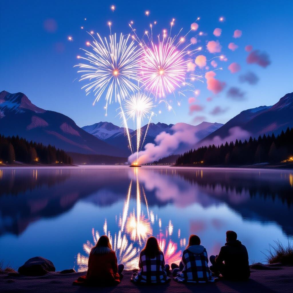 Fireworks Over Mountain Lake Reflections