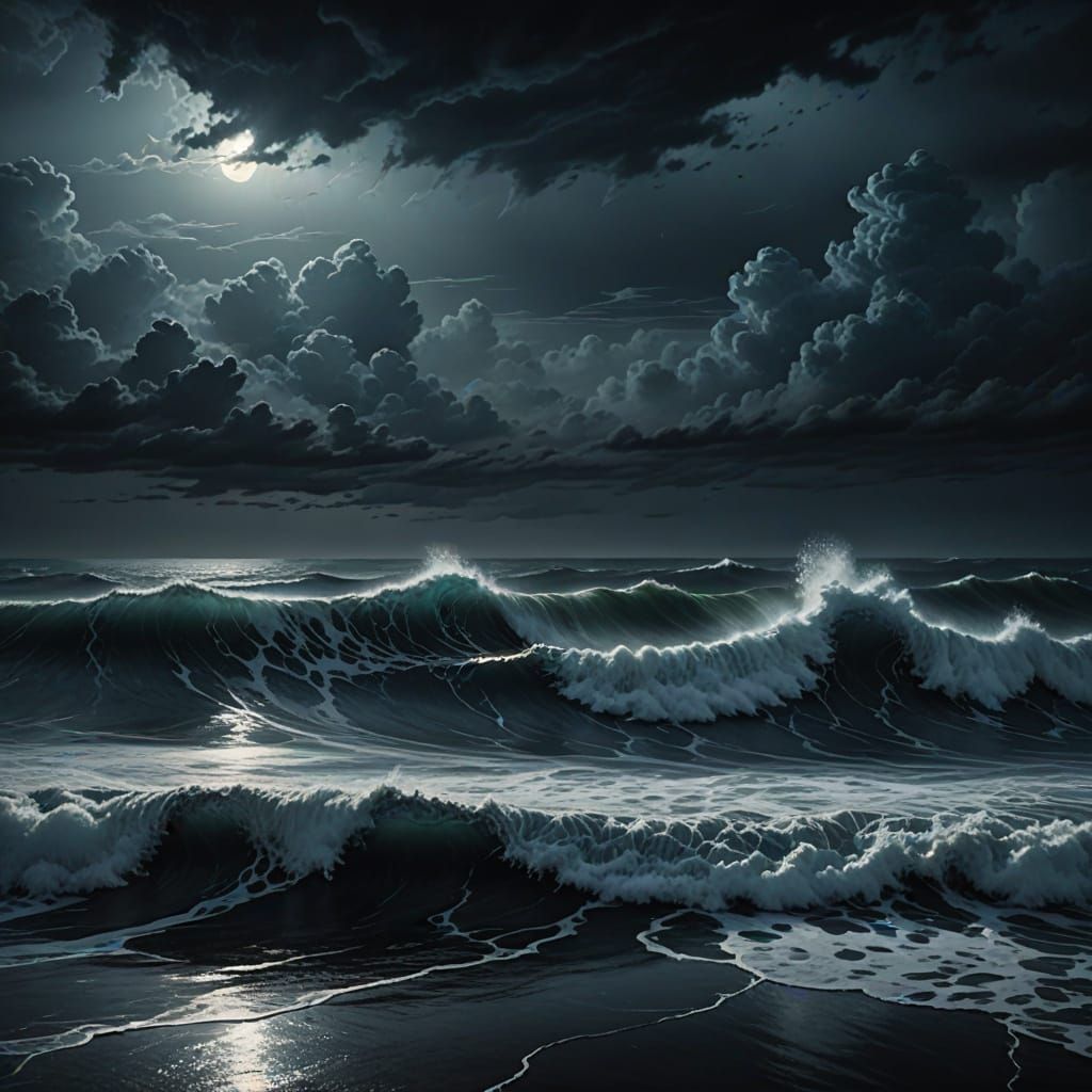 Dramatic Dark Fantasy Ocean Storm at Night