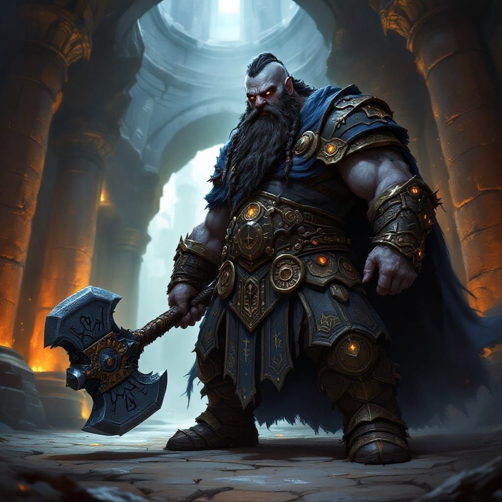 Dwarf Warrior in Iron Armor with Glowing Runes