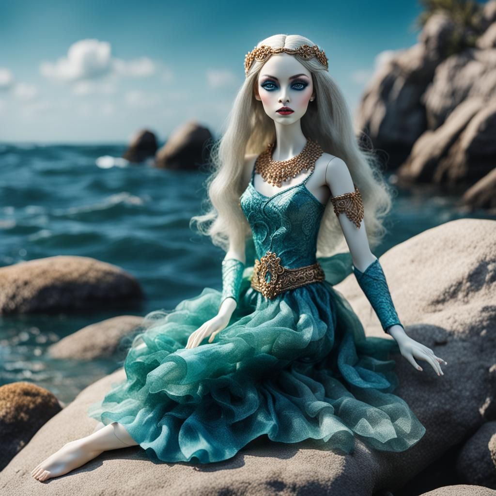 Realistic Sea Siren Fashion Doll on Ocean Rock