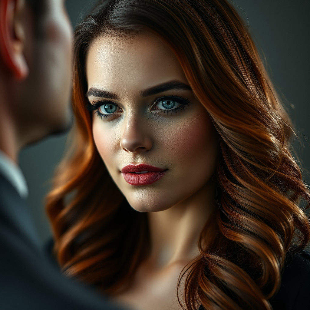 Voluptuous Redhead Lifts Man in Hyperrealistic Portrait