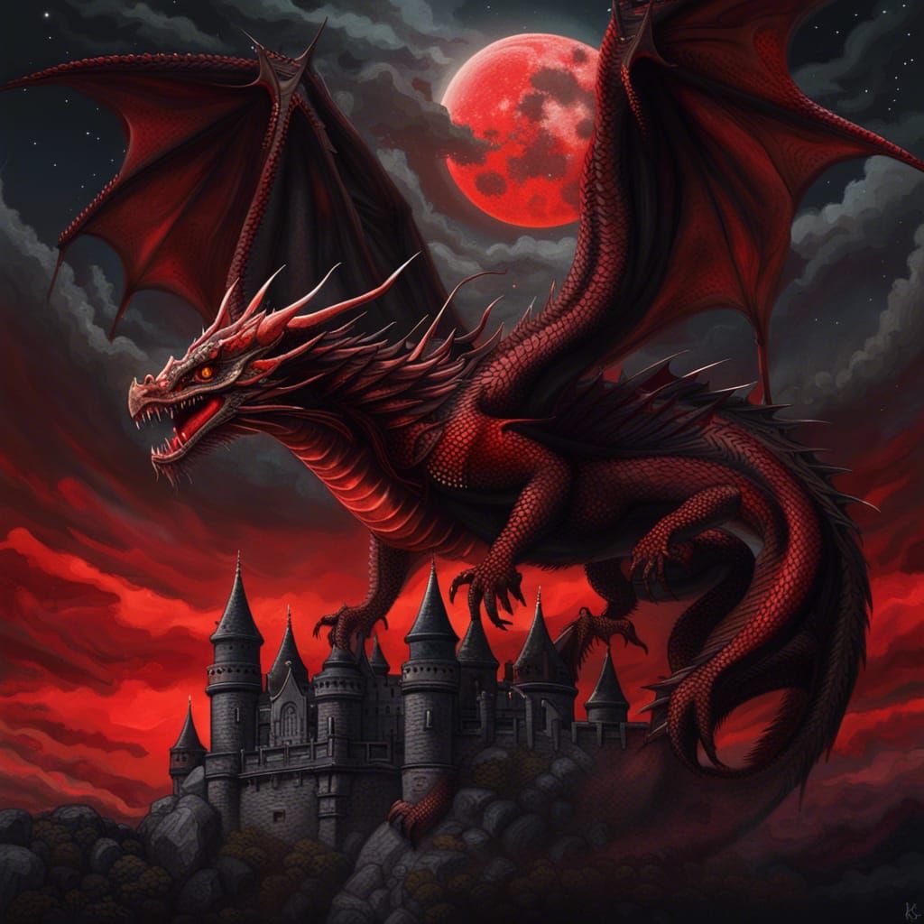 Black and Red Dragon Flight Under Blood Moon