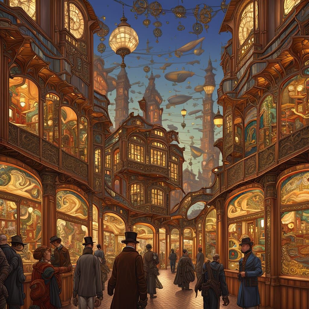 Steampunk Marketplace at Twilight with Clockwork Wonders