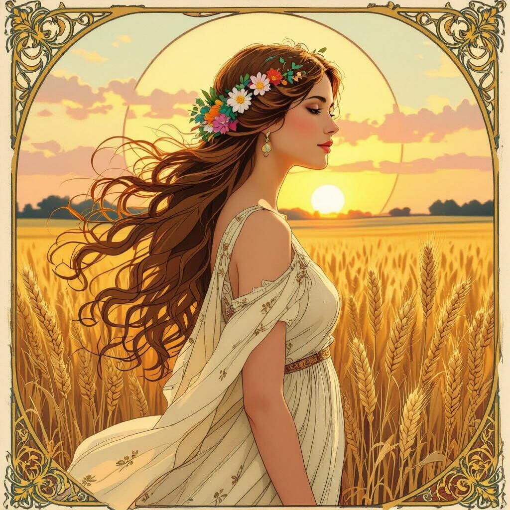 Art Nouveau Woman in Wheat Field with Flowers