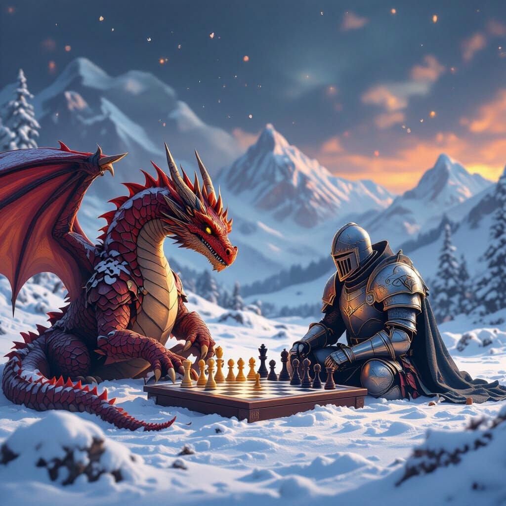 Dragon and Knight Play Chess in Snowy Landscape