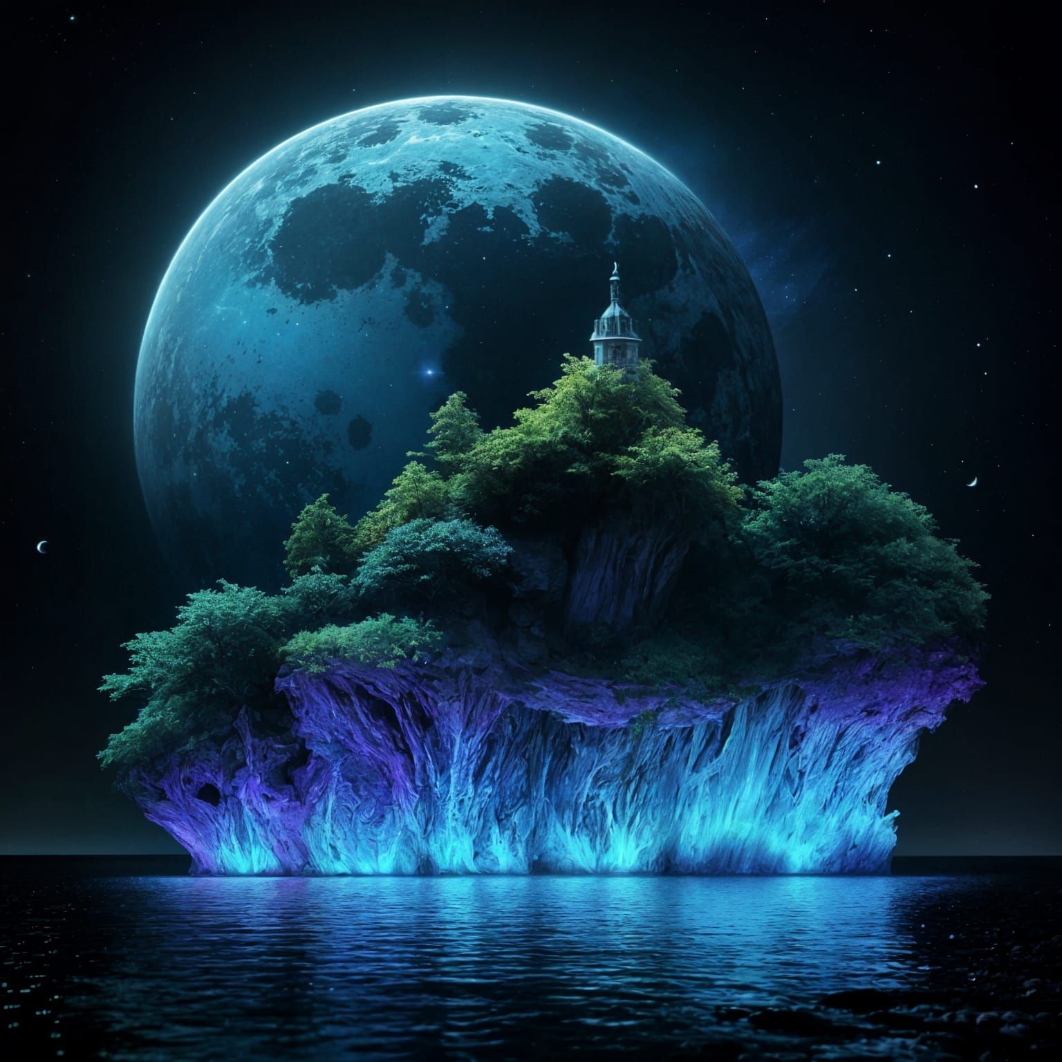 Dragon Statue Island Under Moonlight: Digital Art
