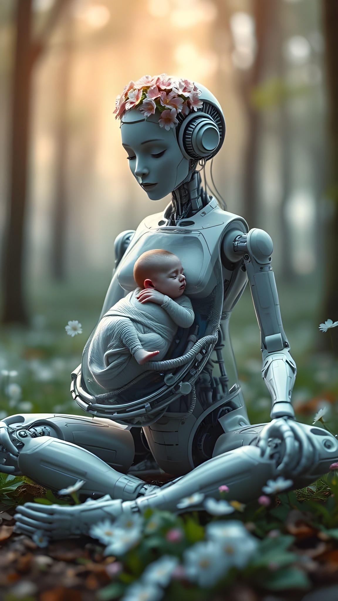 Android Mother of the Future in a Whimsical Forest