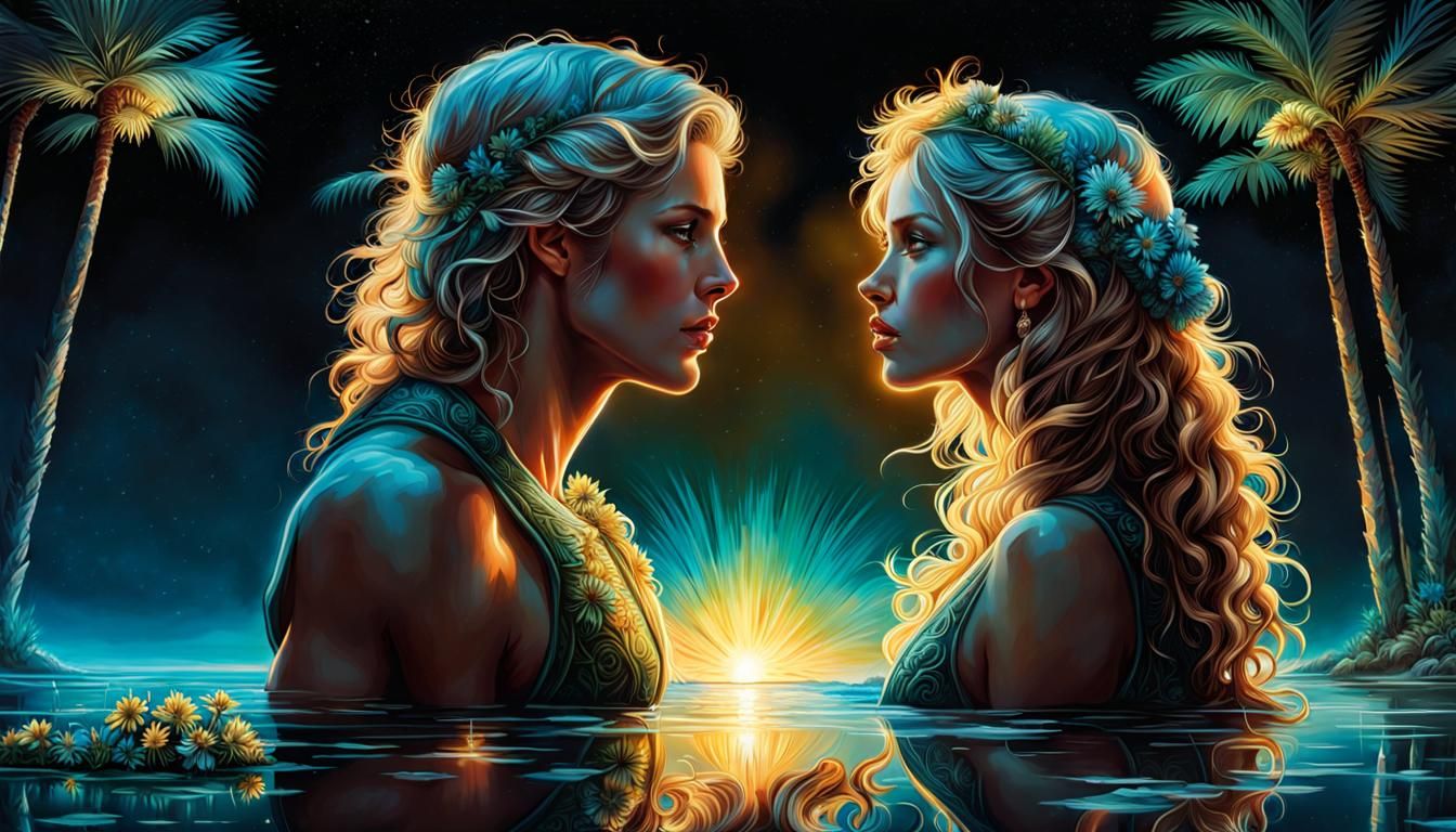 Bioluminescent Couple Kissing with Mirrored Reflection