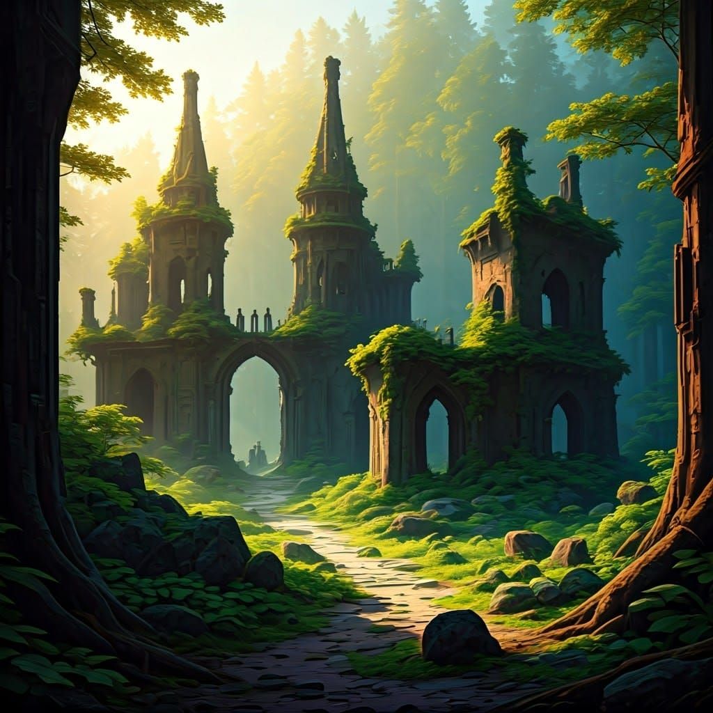 Futuristic Castle Ruins in Lush Forest