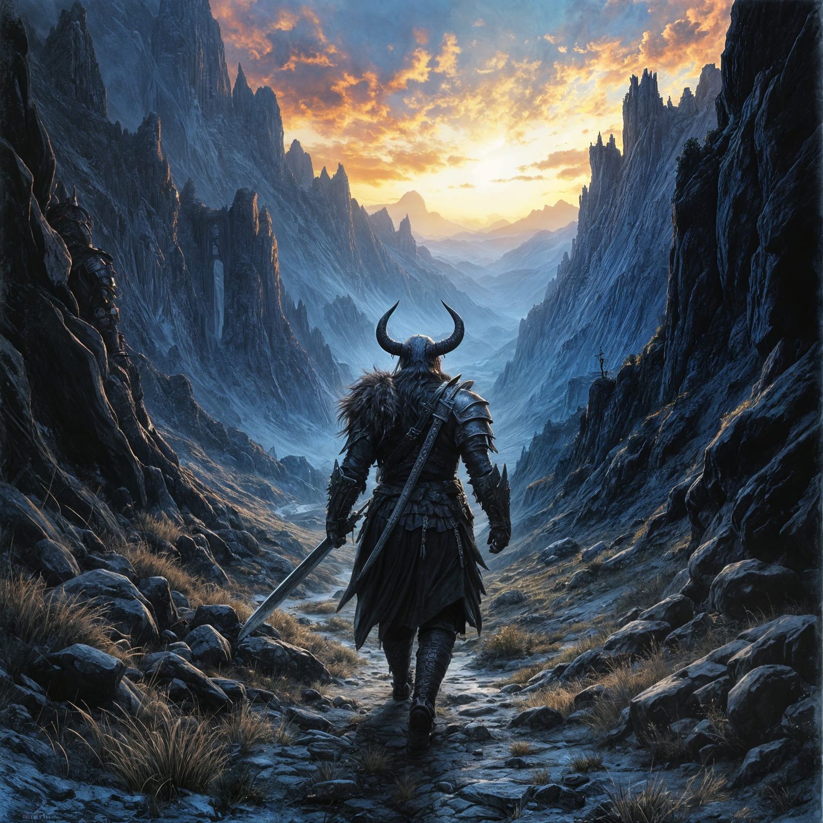 Ethereal Warrior Strolls Through Dark Valley in Pastel Color...