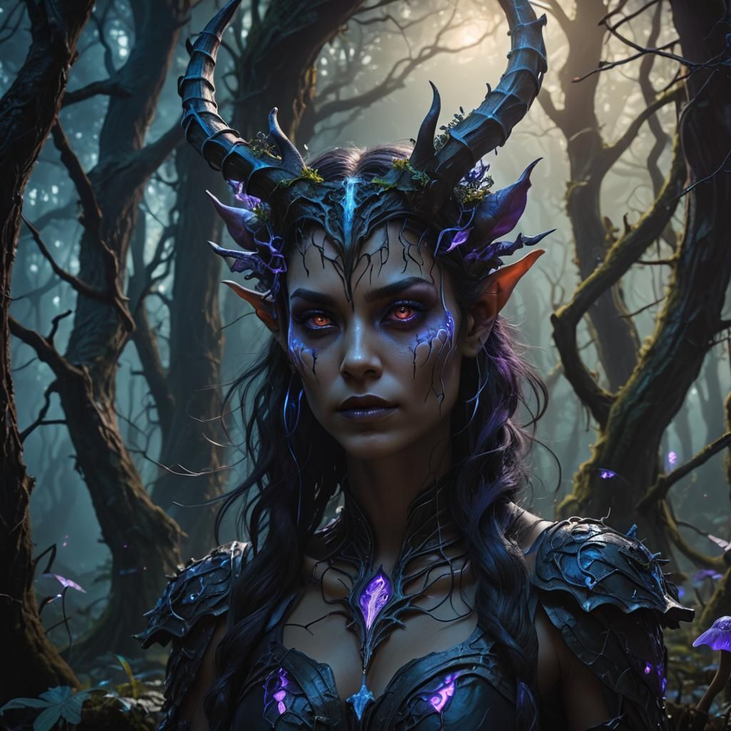 Dark Fantasy Girl with Horns in Mystical Forest