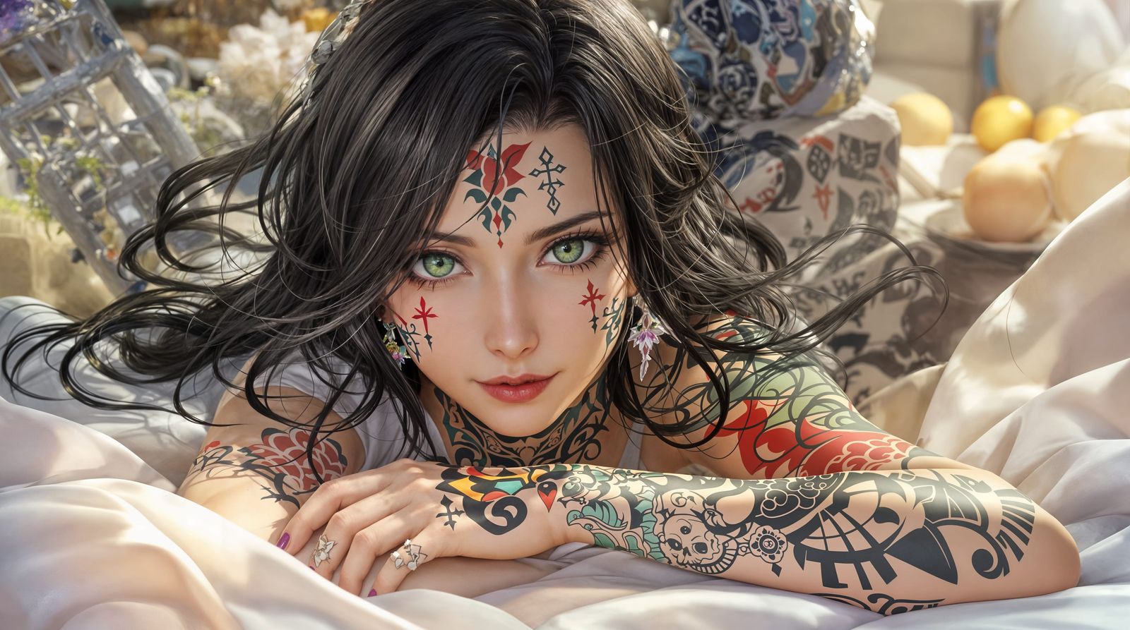 Enchanting Anime Goddess with Vibrant Tattoos