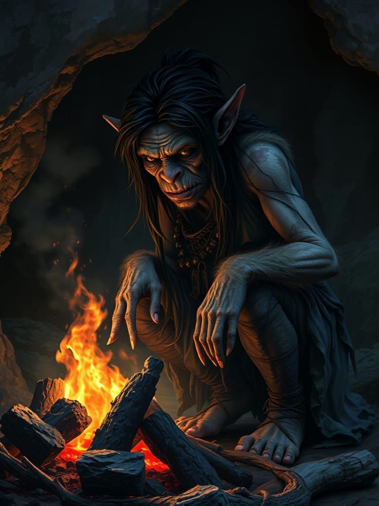 Female Troll Hermit Campfire, Arthur Rackham Style