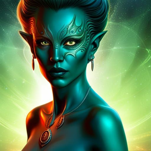 Sci-Fi Green Alien Woman Portrait in Art Nouveau Style
