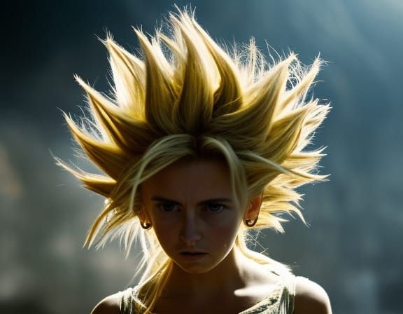 Realistic and Beautiful Super Sayayin female in a combat on a live action movie, trending on artstation, sharp focus, in...