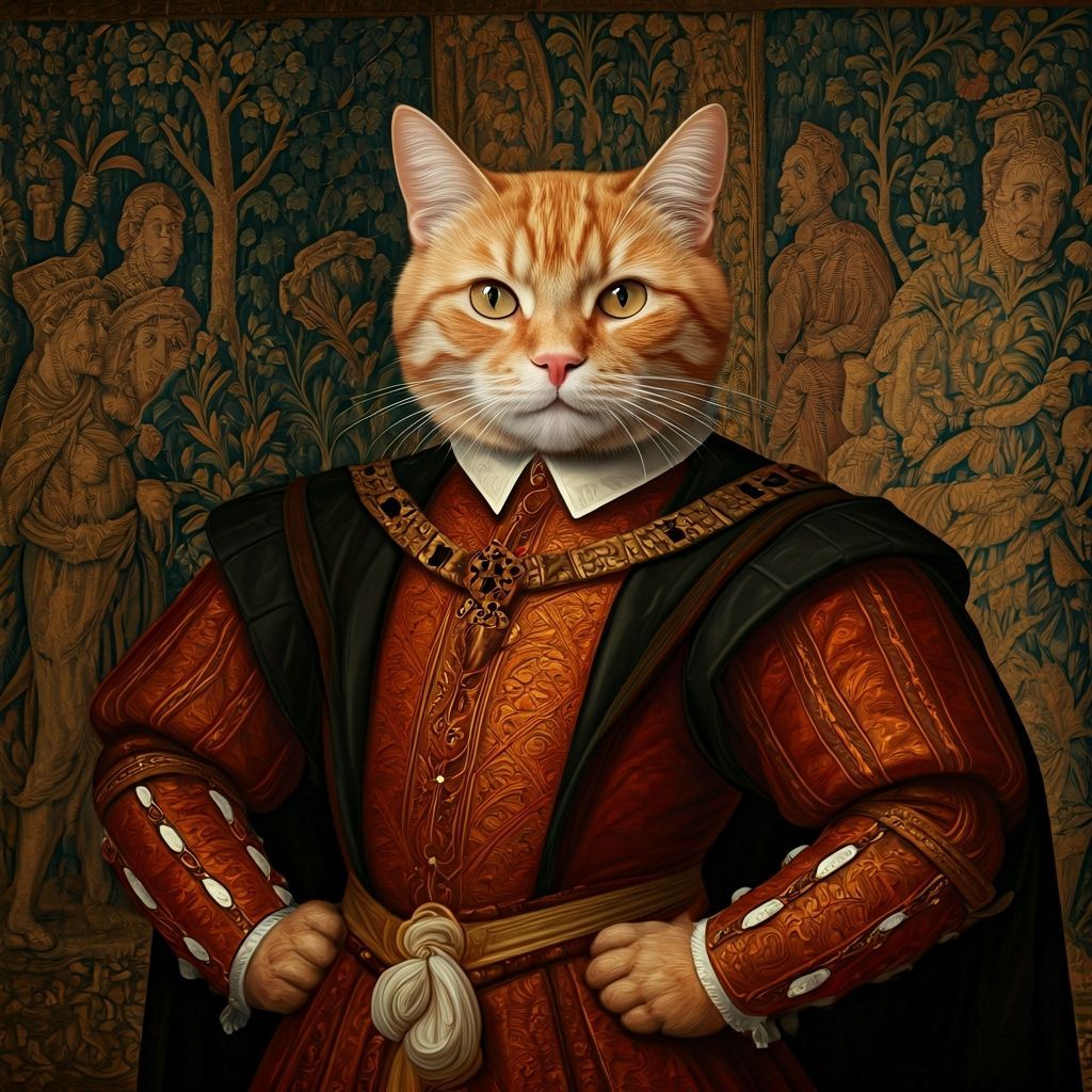 Style of Holbein, a ginger cat dressed as Henry VIII, standi...