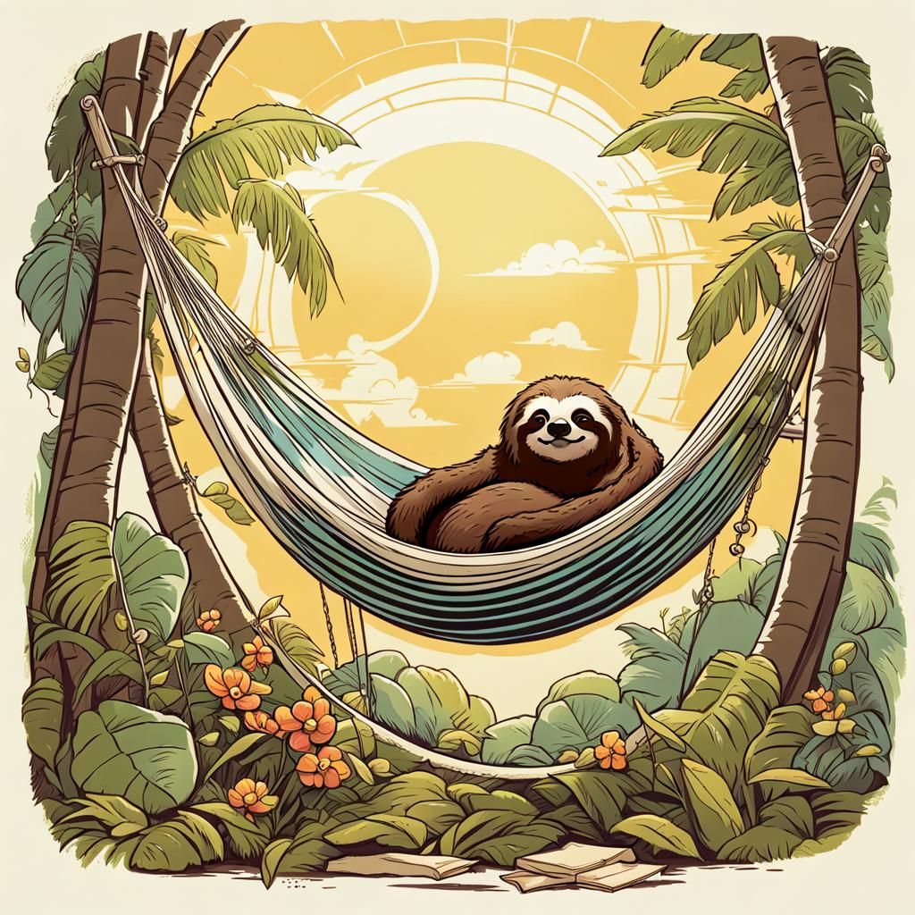 Overweight Sloth in Hammock, Comic Art Style