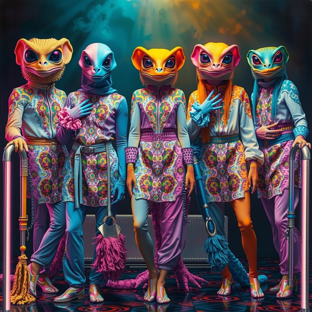 Exotic Alien Pop Stars Enter Holodeck in Oil Painting