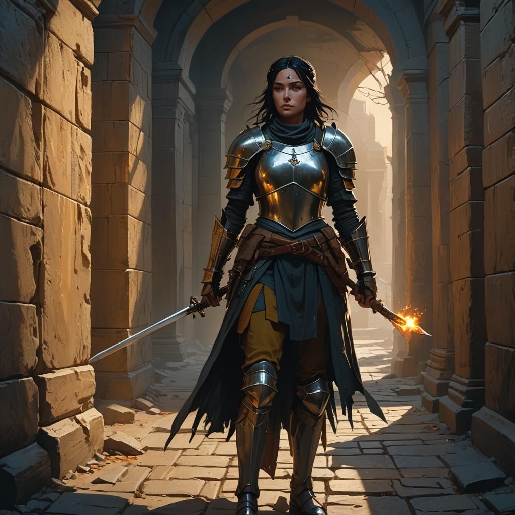 Female Knight in Tomb Corridor, Matte Painting Style
