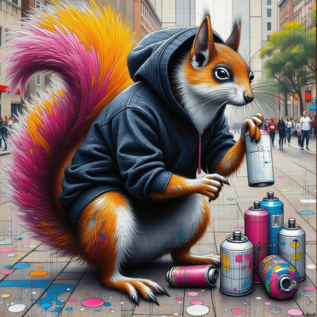Squirrel Stealing Spray Paint in Banksy Style