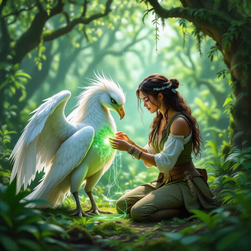 Arcane Rescuer Heals Injured Hippogriff in Magical Forest