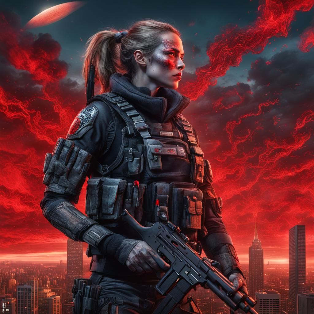 Cyborg Woman with Laser Weapon in Cyberpunk City