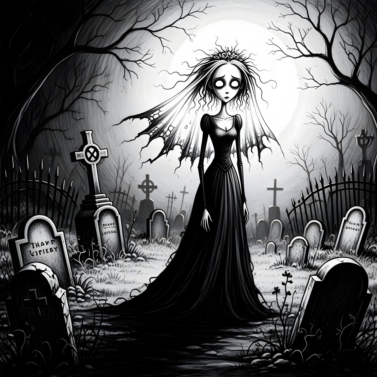 Ghost Bride In Creepy Graveyard Tim Burton Style