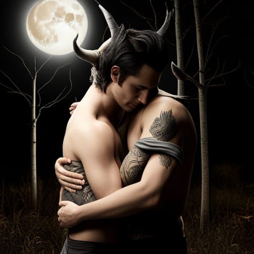 Faerie and Demon Embrace in Moonlit Forest