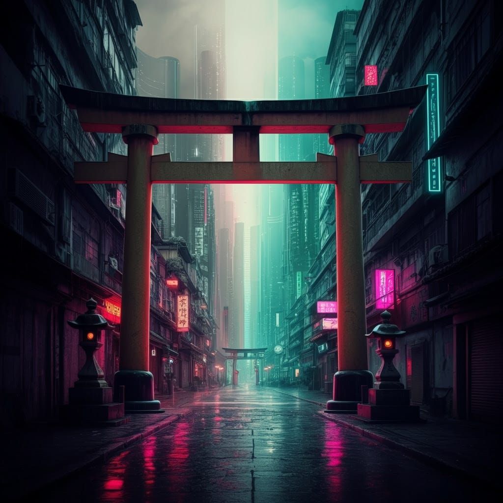 Torii Gate Bridges Dystopian and Utopian Worlds in Cyberpunk...