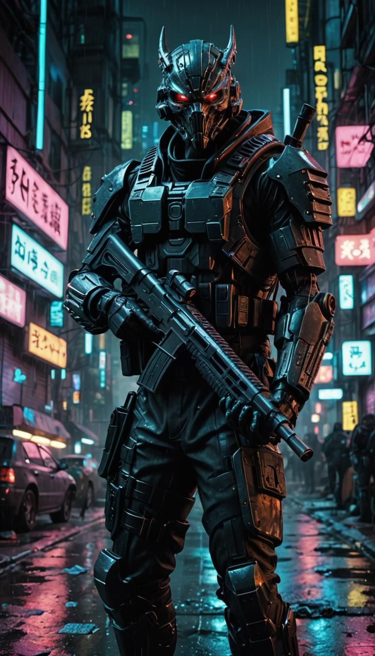 Cyberpunk Soldier with Sniper Rifle in Neon Cityscape