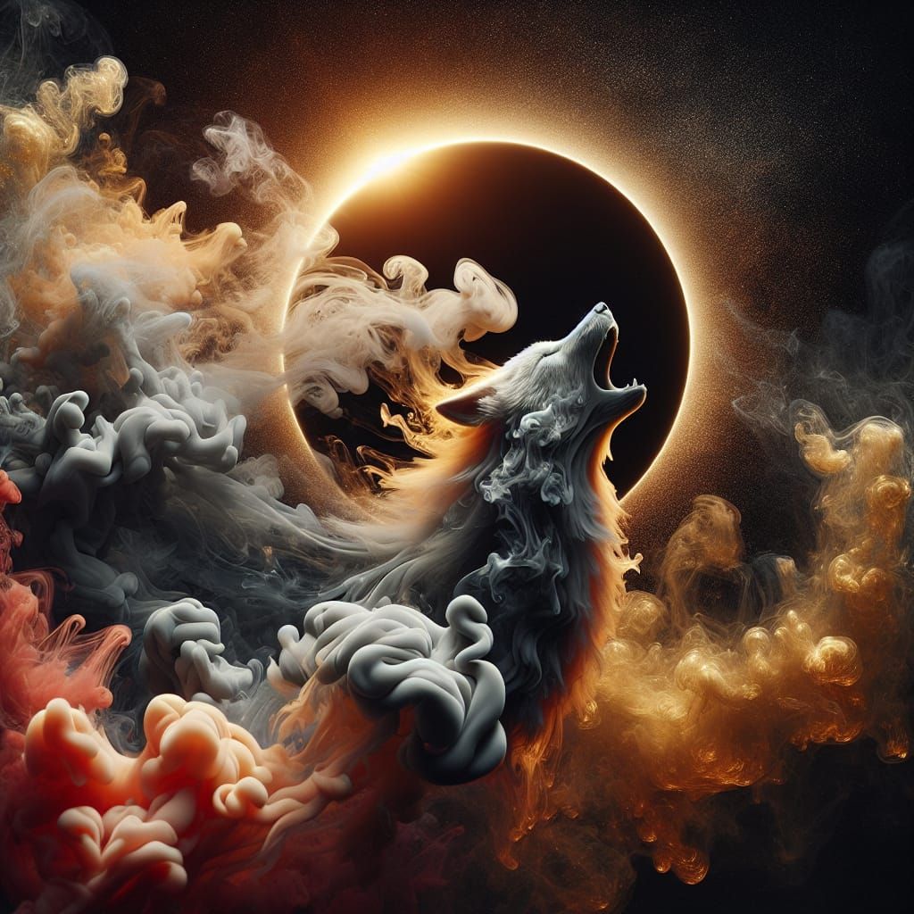 Mystical Smoke Wolf Howling at Eclipse in 8K