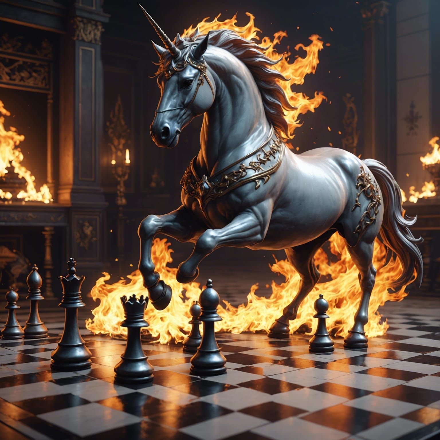 Flaming Unicorn Tramples Chessboard: 3D Anime Art