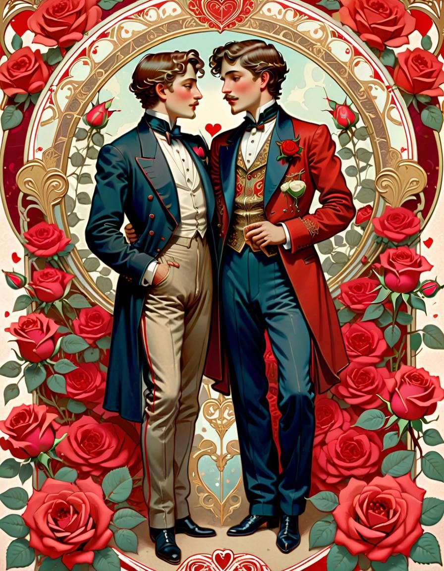 In the style of Alphonse Mucha and Georges de Feure. Vintage Victorian Valentine’s day card depicting a well dressed gay...