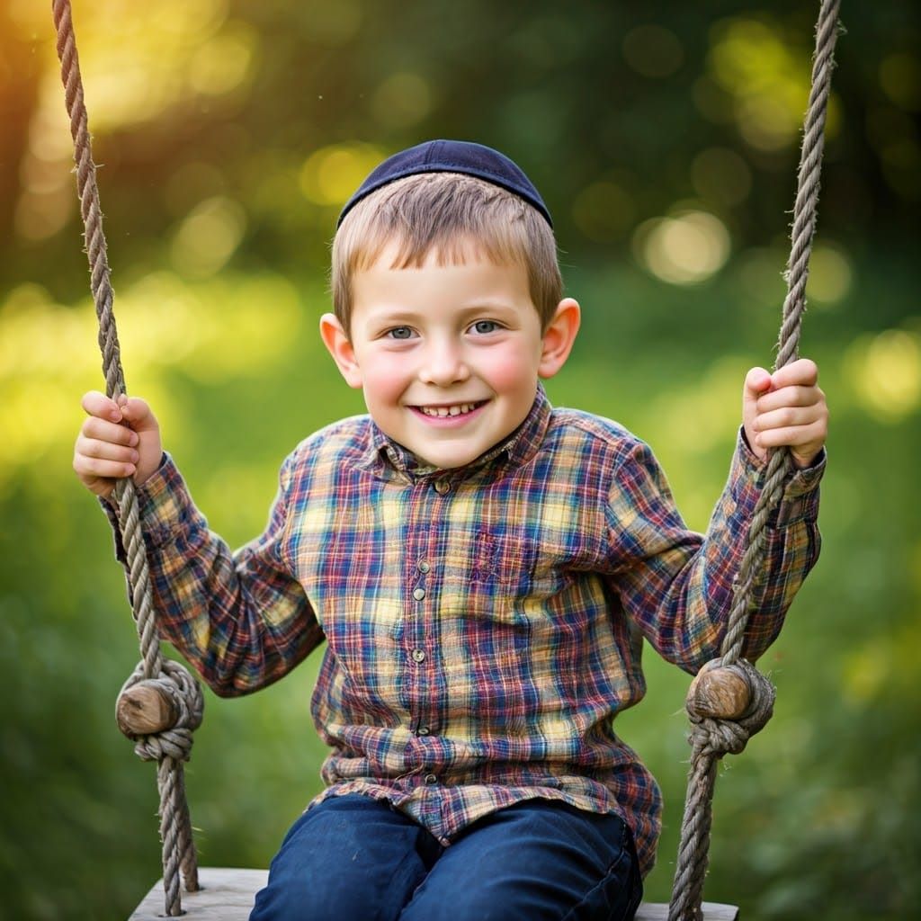 Boy on Swing in Chagall-Inspired Garden