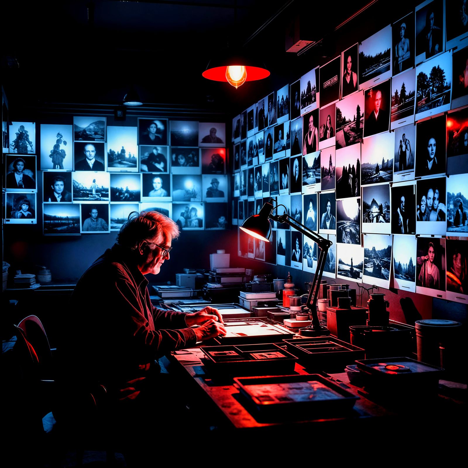 Photographer in Darkroom with Glowing Memories