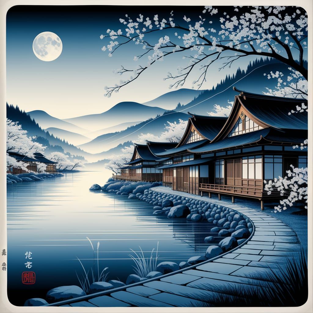 Tranquil Japanese Village Under Full Moon in Woodblock Print...