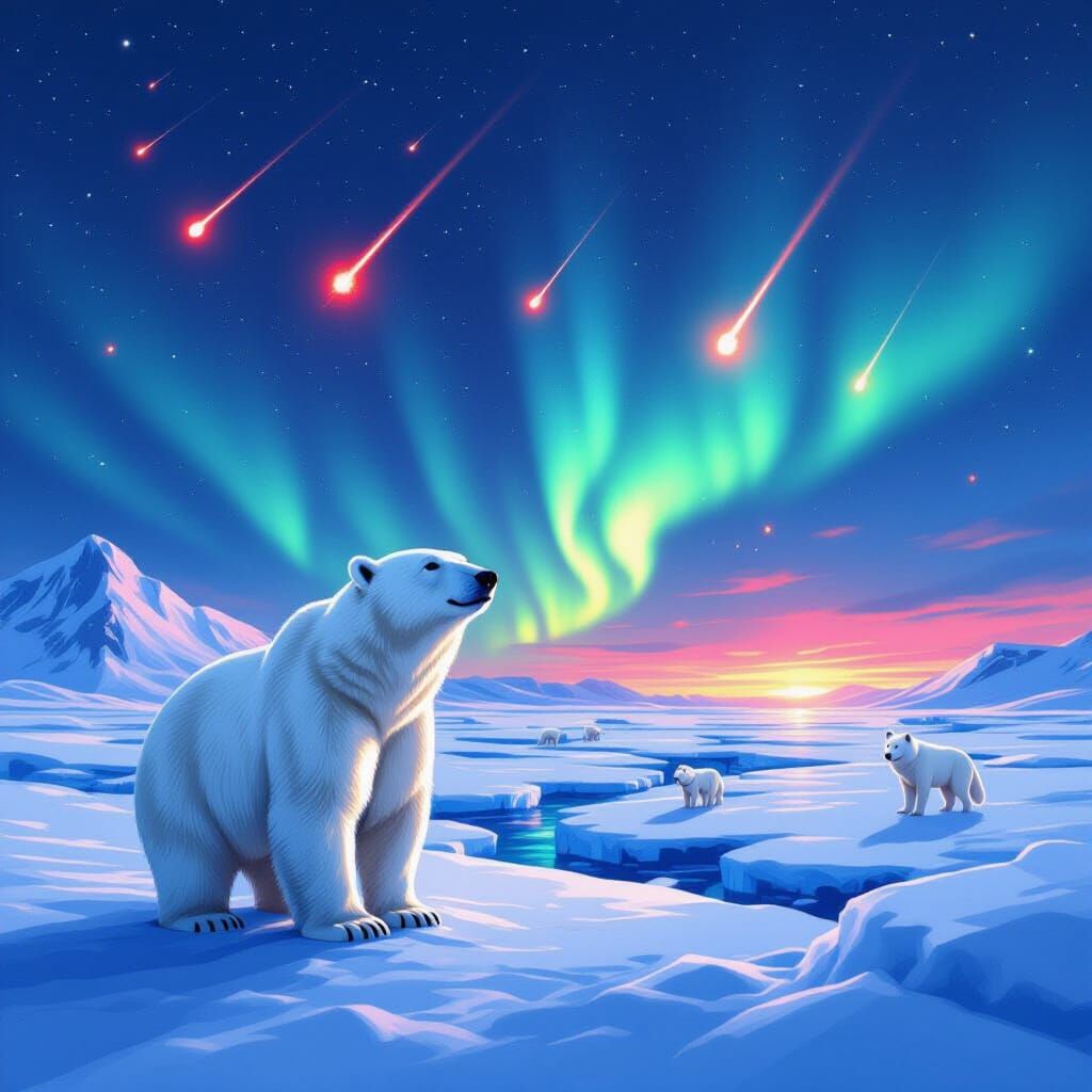 Polar Bear Watching Fireballs in Northern Lights