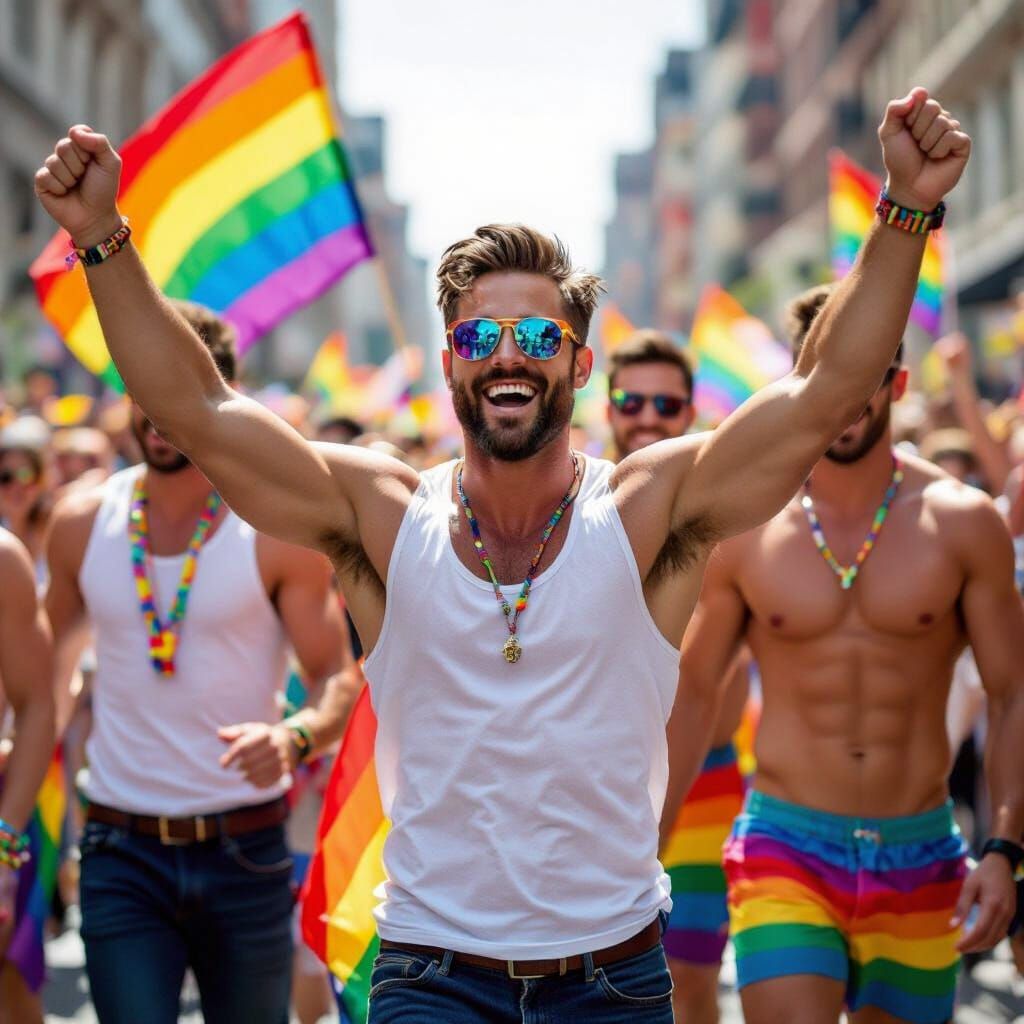 Gay Pride Parade: Muscular Men in Vibrant Rainbow Collage