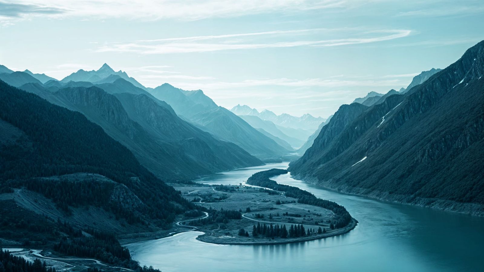 Monochrome Turquoise Landscape with River and Mountains