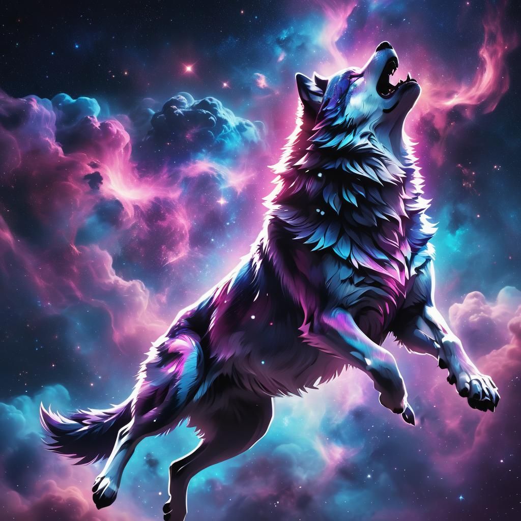 Majestic Cosmic Wolf Amidst Vibrant Nebulae