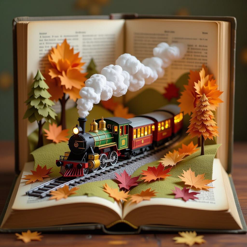 Paper Steam Train Diorama in Autumn Leaves