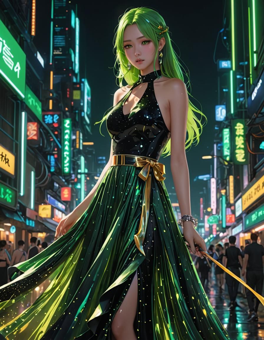Honey-Dripping Green Dress in Anime Style