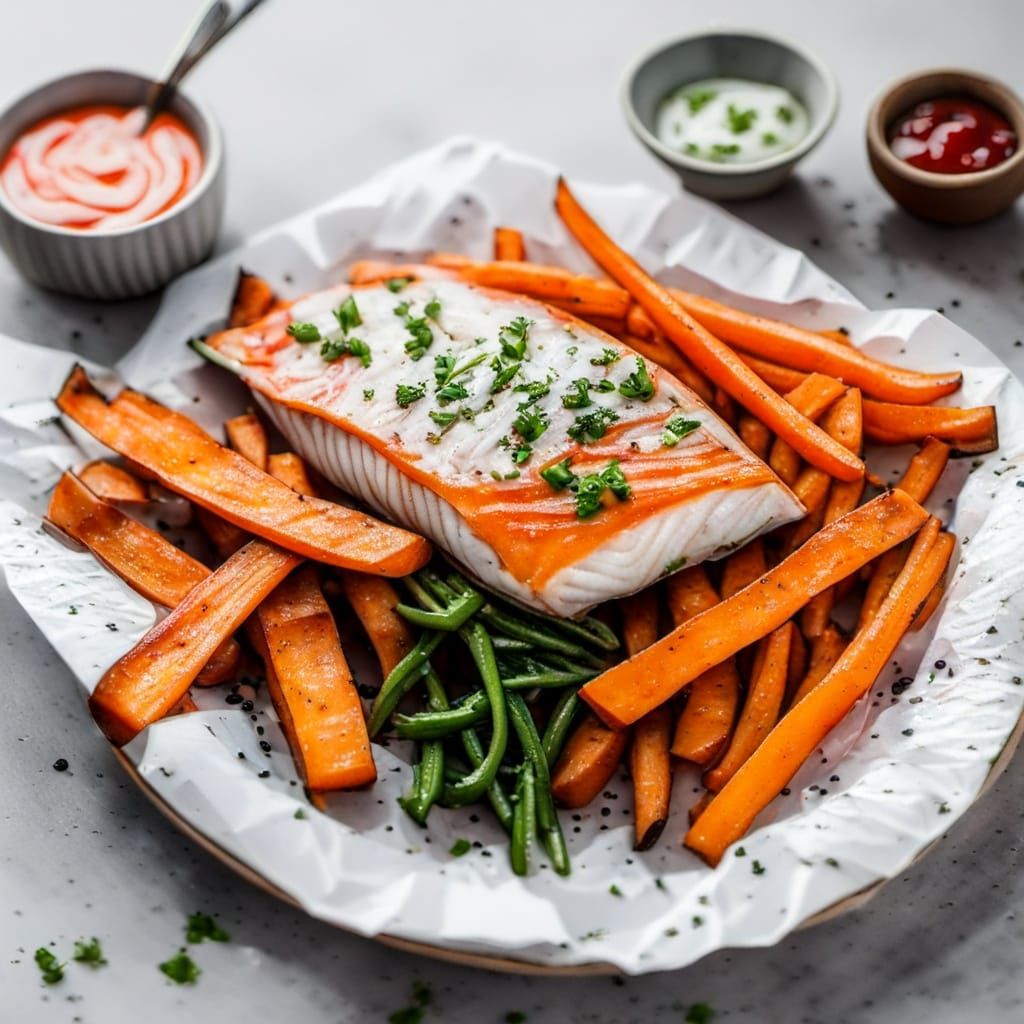 Ultra Realistic Fish and Sweet Potato Fries Close-Up