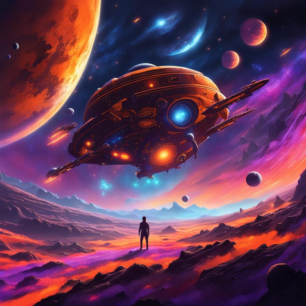 Glowing Spaceship Approaches Unexplored Planet in Milky Way