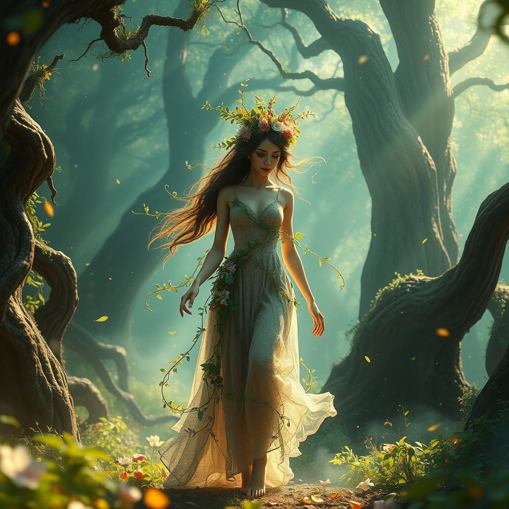 Regal Flora-Adorned Princess in Vibrant, Misty Forest