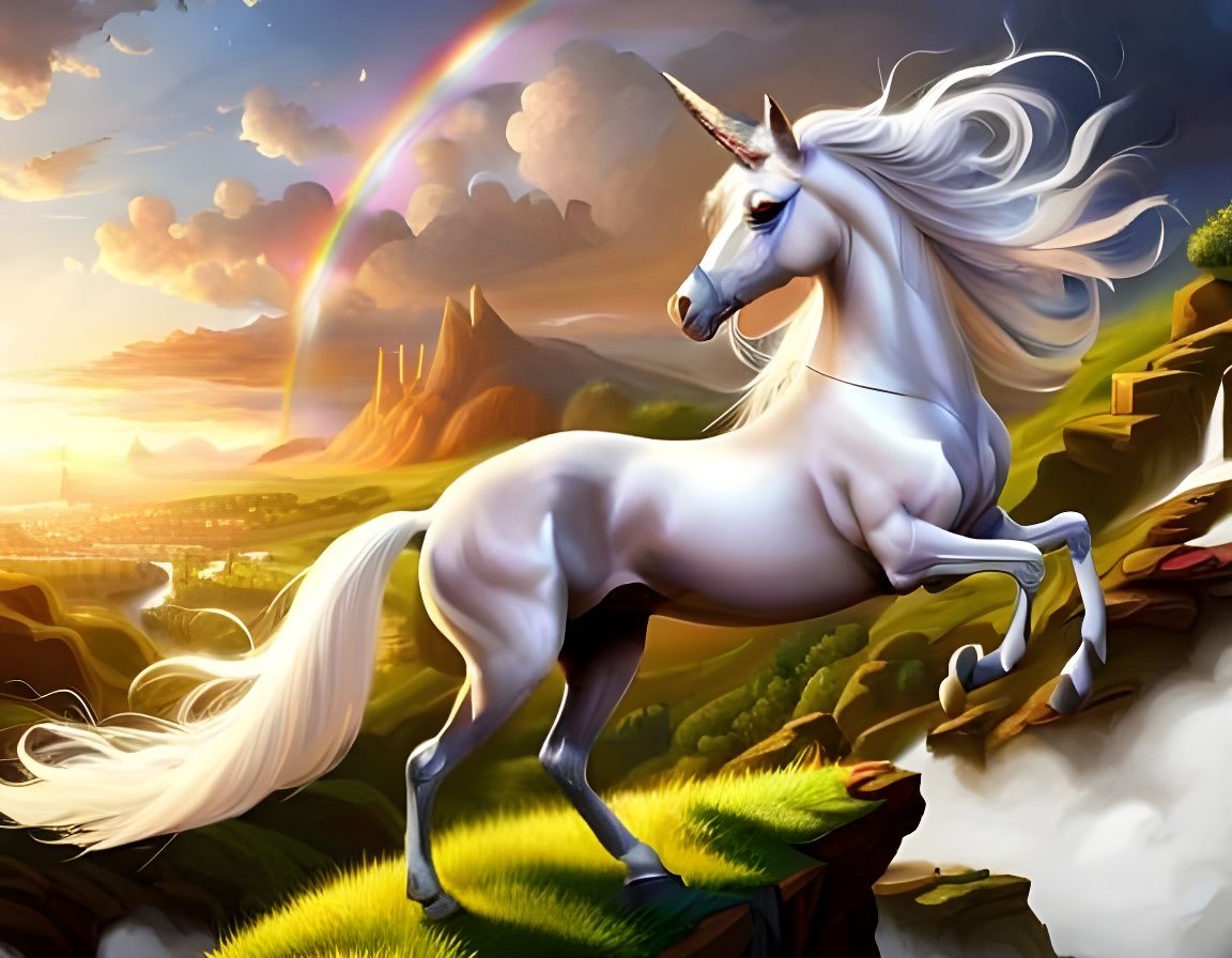 Majestic Unicorn on Green Hillside Fantasy Art