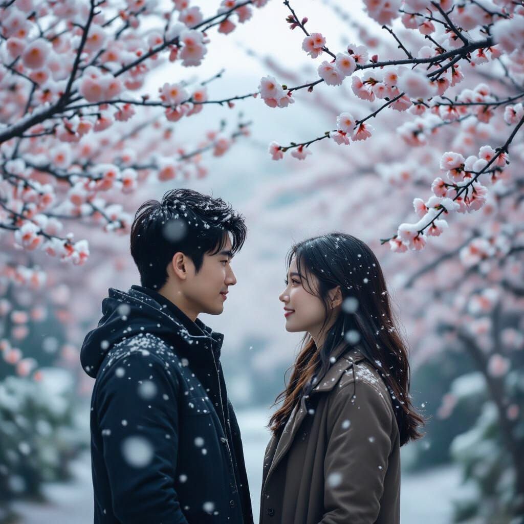 Young Couple in Snowy Winter Amidst Apricot Blossoms