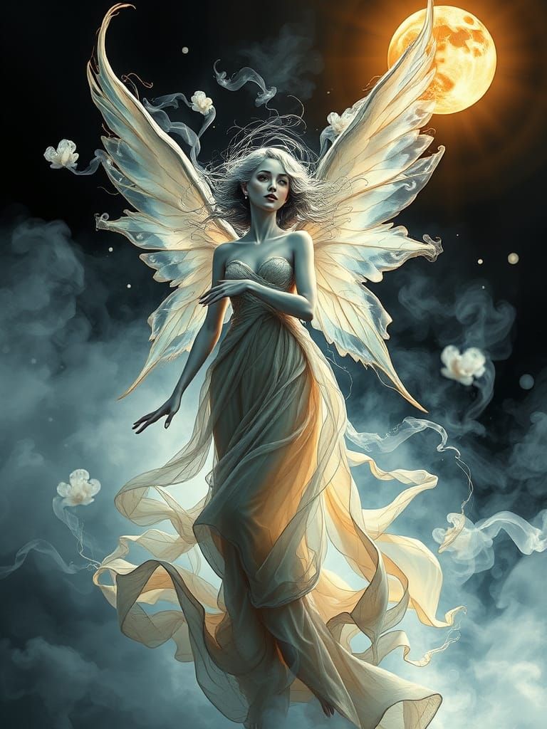 Ethereal Smoke Angel in Art Nouveau Style